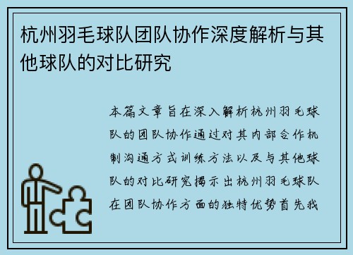 杭州羽毛球队团队协作深度解析与其他球队的对比研究