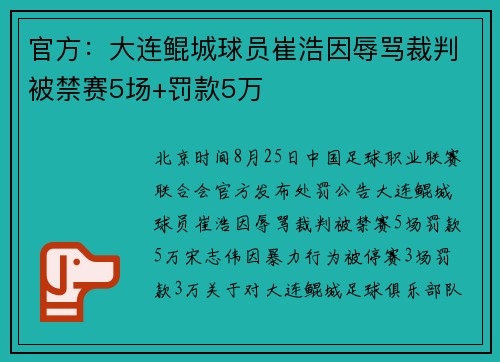 官方：大连鲲城球员崔浩因辱骂裁判被禁赛5场+罚款5万